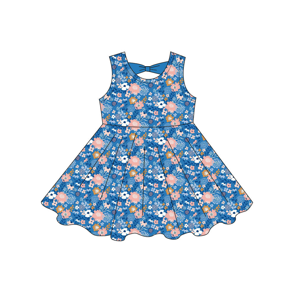 ( Moq 5 ) Preorder Baby Girls Kids Sleeveless Flower Knee Length Blue Dress