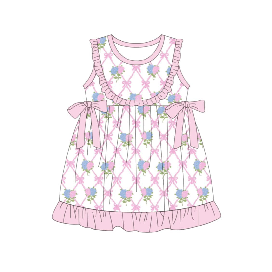 ( Moq 5 ) Preorder Baby Girls Sleeveless Flower Bows Pink Ruffle Knee Length Dress