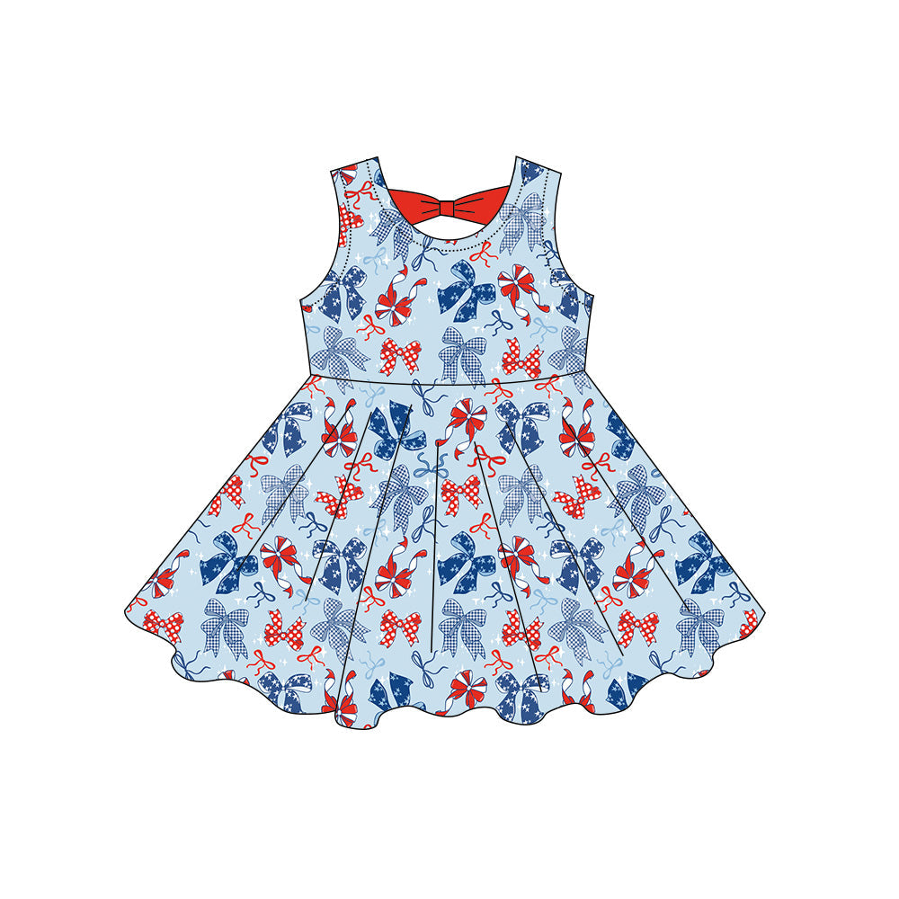 ( Moq 5 ) Preorder Baby Girls Kids Sleeveless Bows 4th of July Knee Length Dress