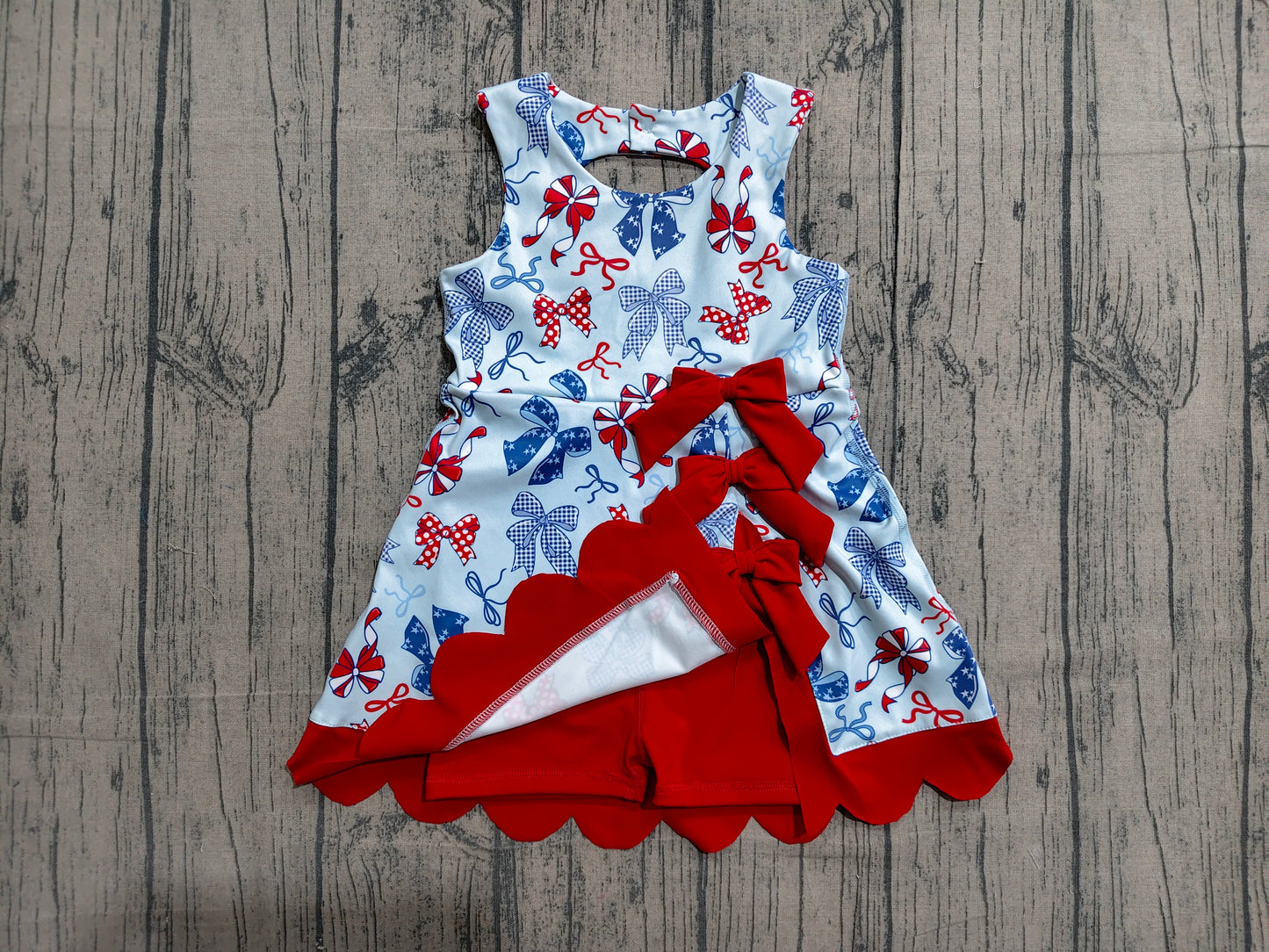 Baby Girls Bows 4th of July Yoga Active Shorts Knee Length Scallop Dress RTS