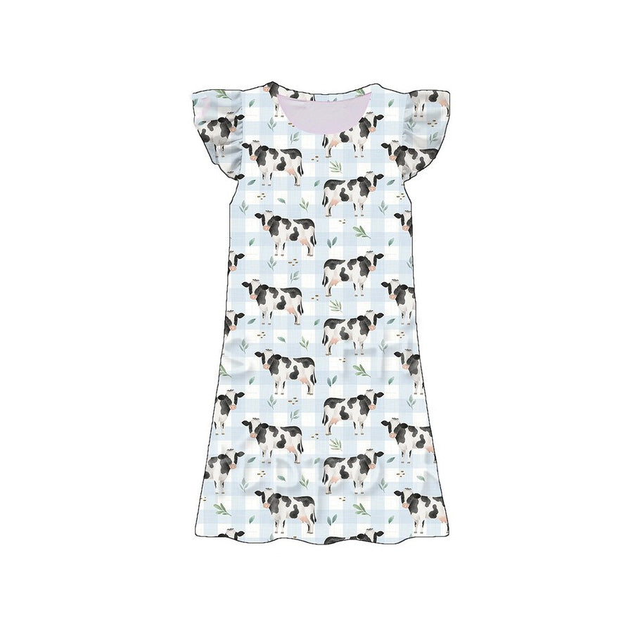 ( Moq 5 ) Preorder Baby Girls Short Sleeves Cows Blue Plaid Knee Length Dress