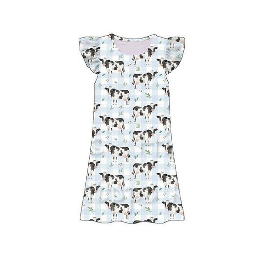 ( Moq 5 ) Preorder Baby Girls Short Sleeves Cows Blue Plaid Knee Length Dress
