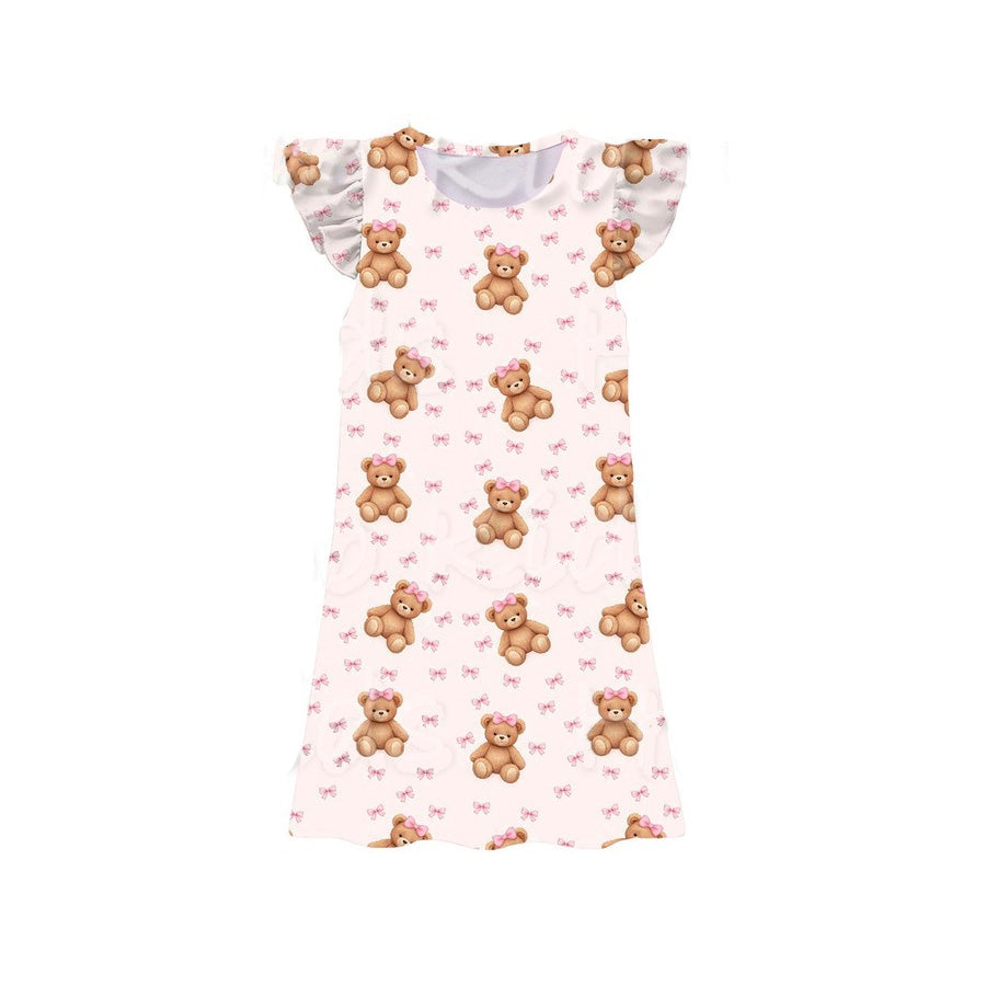 ( Moq 5 ) Preorder Baby Girls Kids Short Sleeves Bears Bows Knee Length Dress