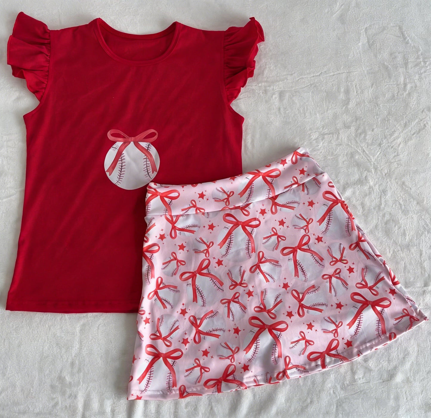 ( Moq 5 ) Preorder Baby Girls Red Short Sleeves Baseball Shirt Bows Skirt Shorts Set Clothes