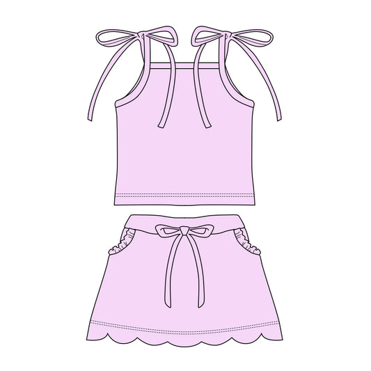 ( Moq 5 ) Preorder Baby Girls Straps Tops Pockets Scallop Skirt Shorts Purple Set Clothes