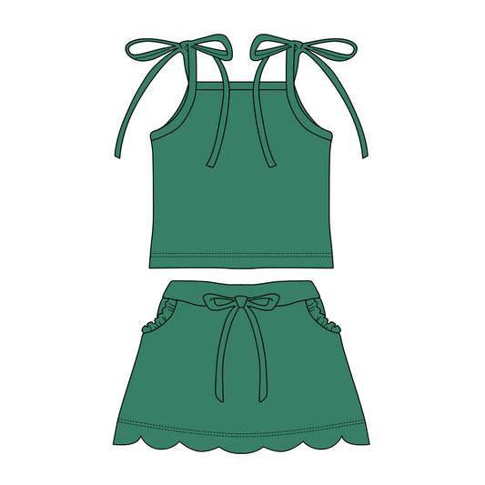 ( Moq 5 ) Preorder Baby Girls Straps Green Tops Pockets Scallop Skirt Shorts Set Clothes