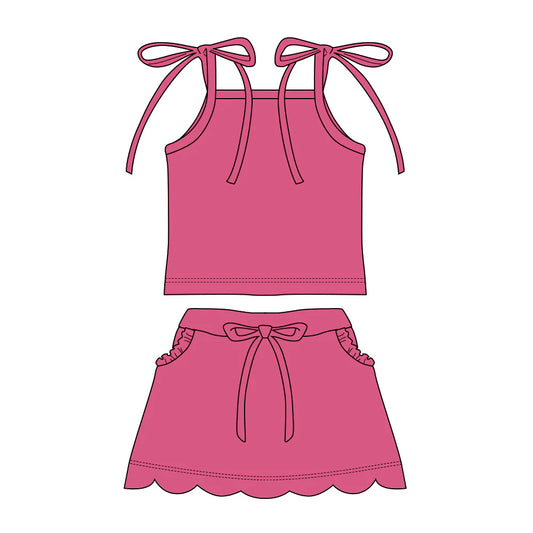 ( Moq 5 ) Preorder Baby Girls Straps Pink Tops Pockets Scallop Skirt Shorts Set Clothes