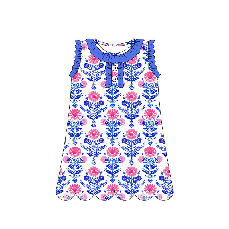 ( Moq 5 ) Preorder Baby Girls Sleeveless Blue Flower Buttons Knee Length Dress