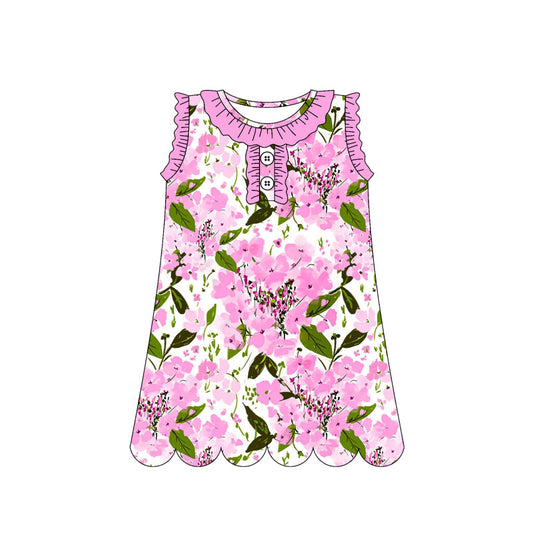 ( Moq 5 ) Preorder Baby Girls Sleeveless Flower Pink Ruffle Buttons Knee Length Dress