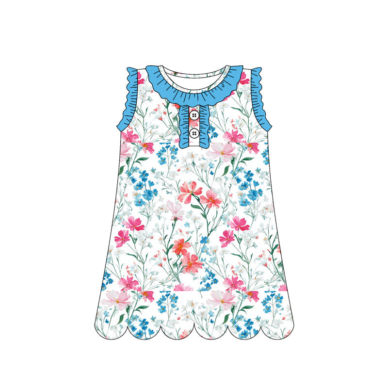 ( Moq 5 ) Preorder Baby Girls Sleeveless Flower Ruffle Buttons Knee Length Dress