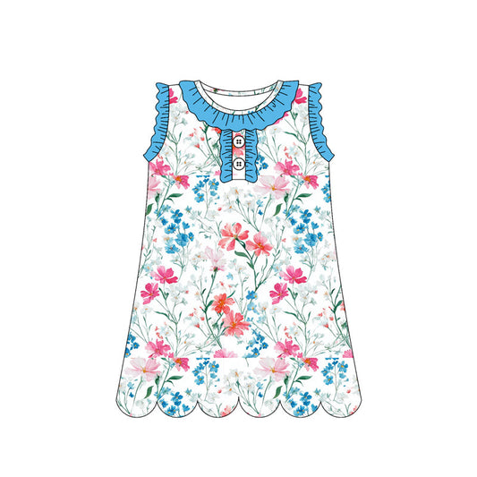 ( Moq 5 ) Preorder Baby Girls Sleeveless Flower Ruffle Buttons Knee Length Dress