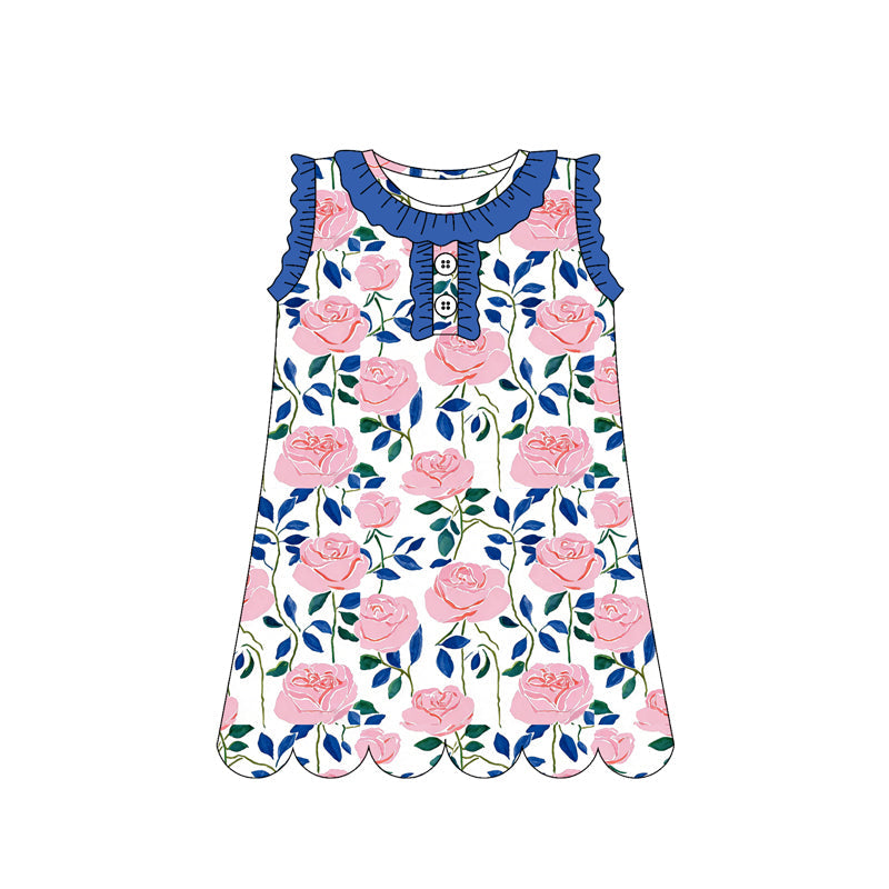 ( Moq 5 ) Preorder Baby Girls Sleeveless Flower Blue Ruffle Buttons Knee Length Dress