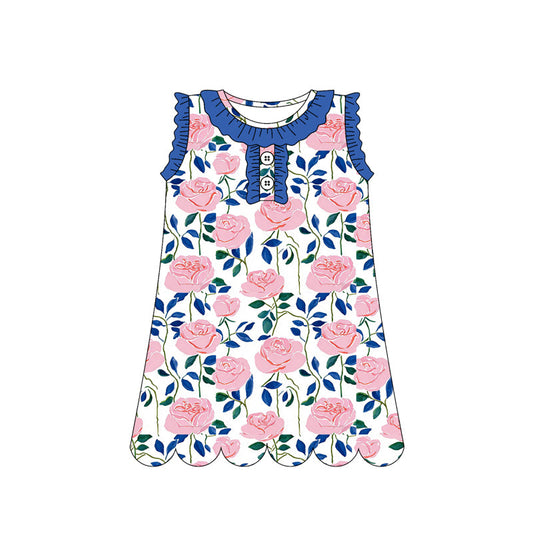 ( Moq 5 ) Preorder Baby Girls Sleeveless Flower Blue Ruffle Buttons Knee Length Dress