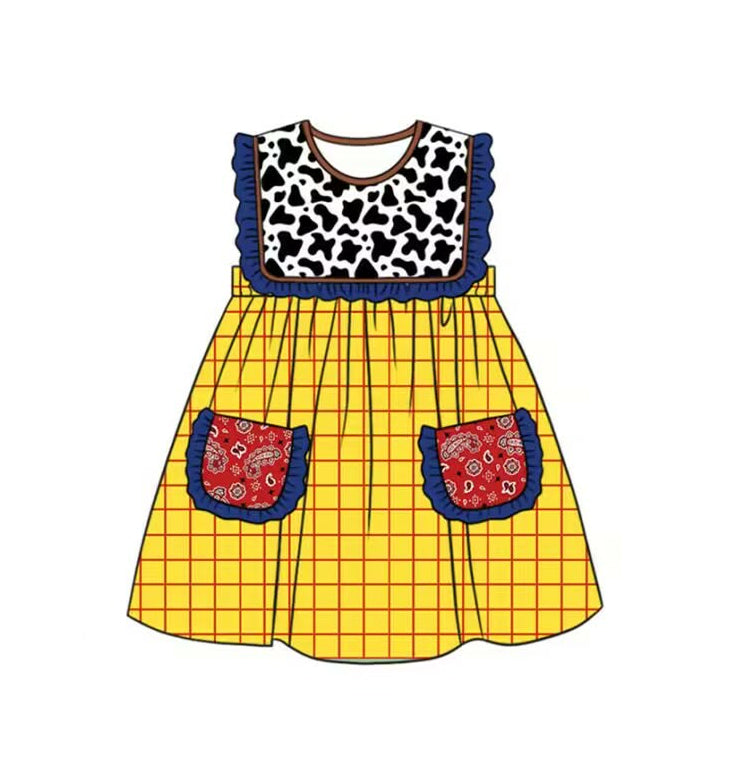 ( Moq 5 ) Preorder Baby Girls Kids Cow Print Yellow Plaid Pockets Knee Length Dress