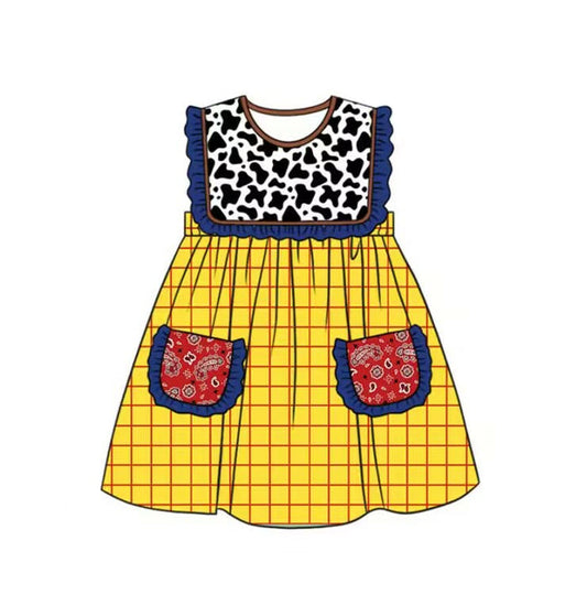 ( Moq 5 ) Preorder Baby Girls Kids Cow Print Yellow Plaid Pockets Knee Length Dress