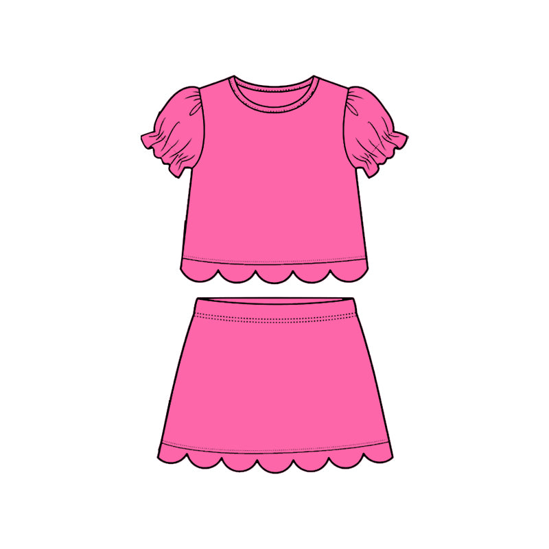 ( Moq 5 ) Preorder Baby Girls Kids Short Sleeves Hot Pink Shirt Scallop Skirt Shorts Set Clothes