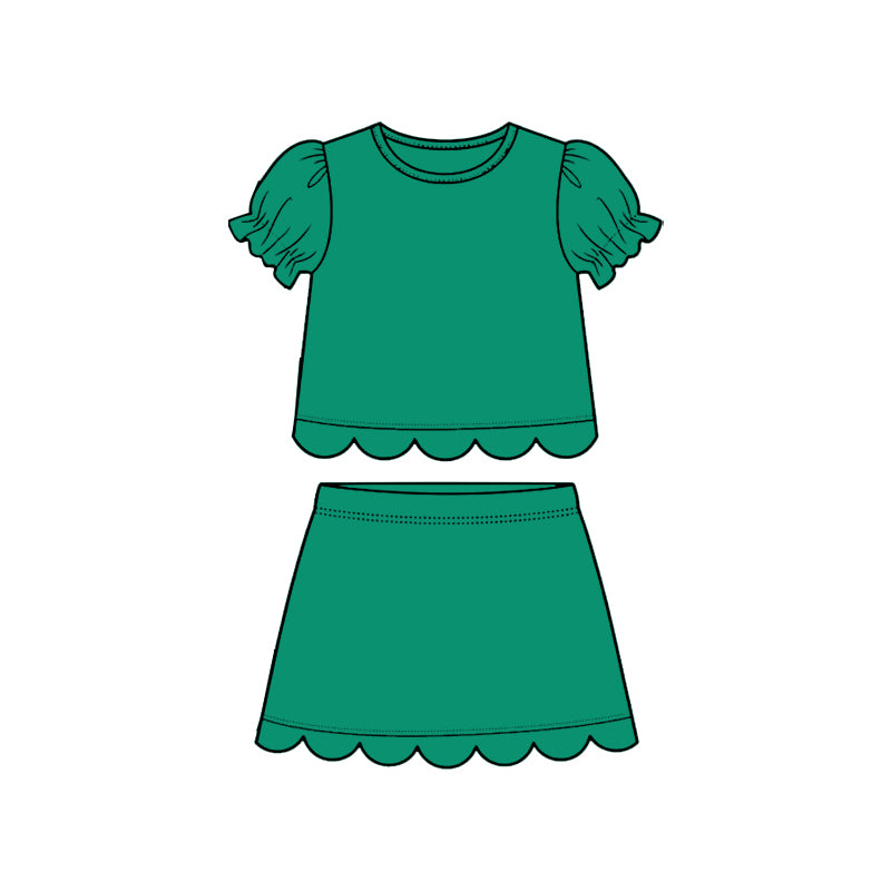 ( Moq 5 ) Preorder Baby Girls Kids Short Sleeves Green Shirt Scallop Skirt Shorts Set Clothes