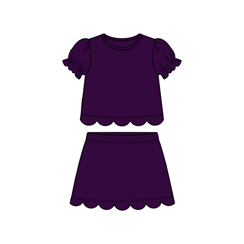 ( Moq 5 ) Preorder Baby Girls Kids Short Sleeves Dark Purple Shirt Scallop Skirt Shorts Set Clothes