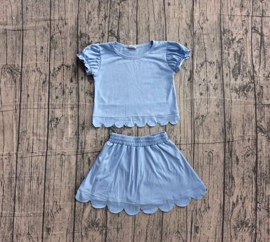 ( No moq ) Preorder Baby Girls Kids Short Sleeves Blue Shirt Scallop Skirt Shorts Set Clothes
