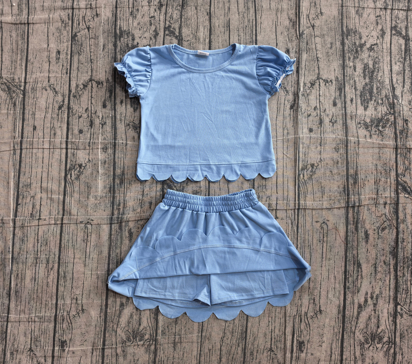 ( No moq ) Preorder Baby Girls Kids Short Sleeves Blue Shirt Scallop Skirt Shorts Set Clothes