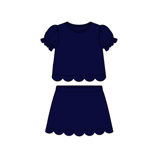( Moq 5 ) Preorder Baby Girls Kids Short Sleeves Navy Shirt Scallop Skirt Shorts Set Clothes