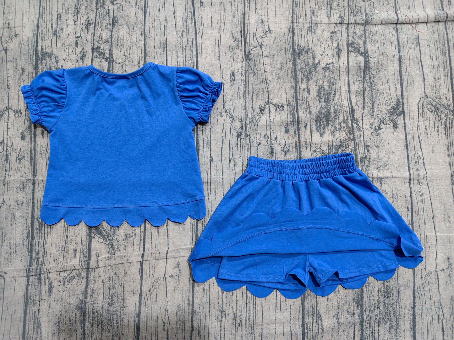 ( No moq ) Preorder Baby Girls Kids Short Sleeves Shirt Scallop Skirt Shorts Set Blue Clothes