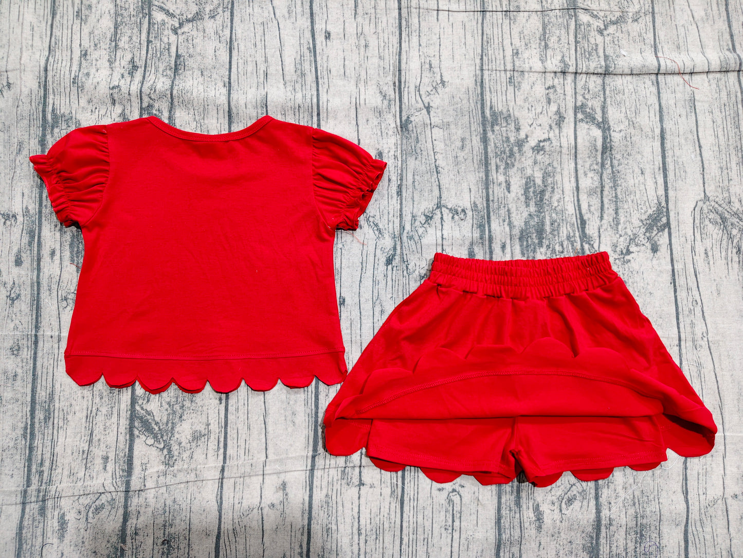 ( No moq ) Preorder Baby Girls Kids Short Sleeves Shirt Scallop Skirt Shorts Set Red Clothes
