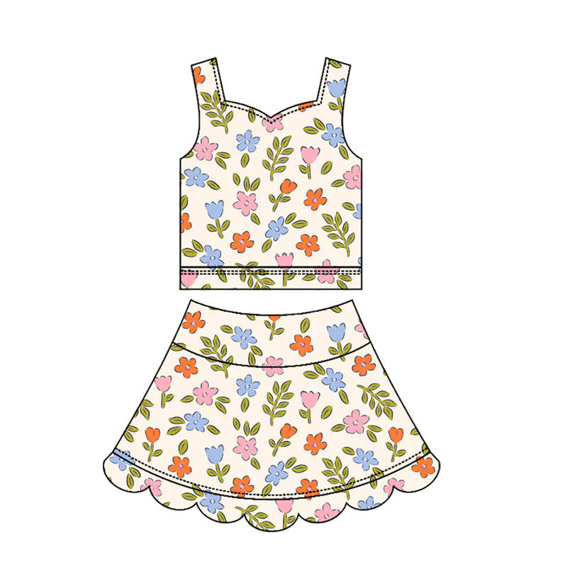 ( Moq 5 ) Preorder Baby Girls Kids Sleeveless Flower Tops Skirt Shorts Yoga Scallop Set Clothes