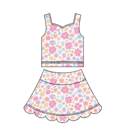 ( Moq 5 ) Preorder Baby Girls Kids Sleeveless Flower Tops Skirt Shorts Yoga Scallop Set Clothes