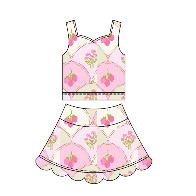 ( Moq 5 ) Preorder Baby Girls Kids Sleeveless Flower Pink Tops Skirt Shorts Yoga Scallop Set Clothes