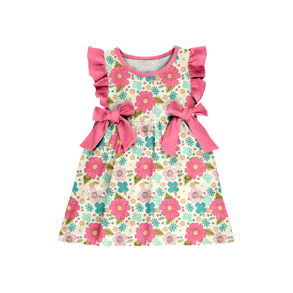 ( Moq 5 ) Preorder Baby Girls Kids Short Sleeves Pink Bows Flower Knee Length Dress