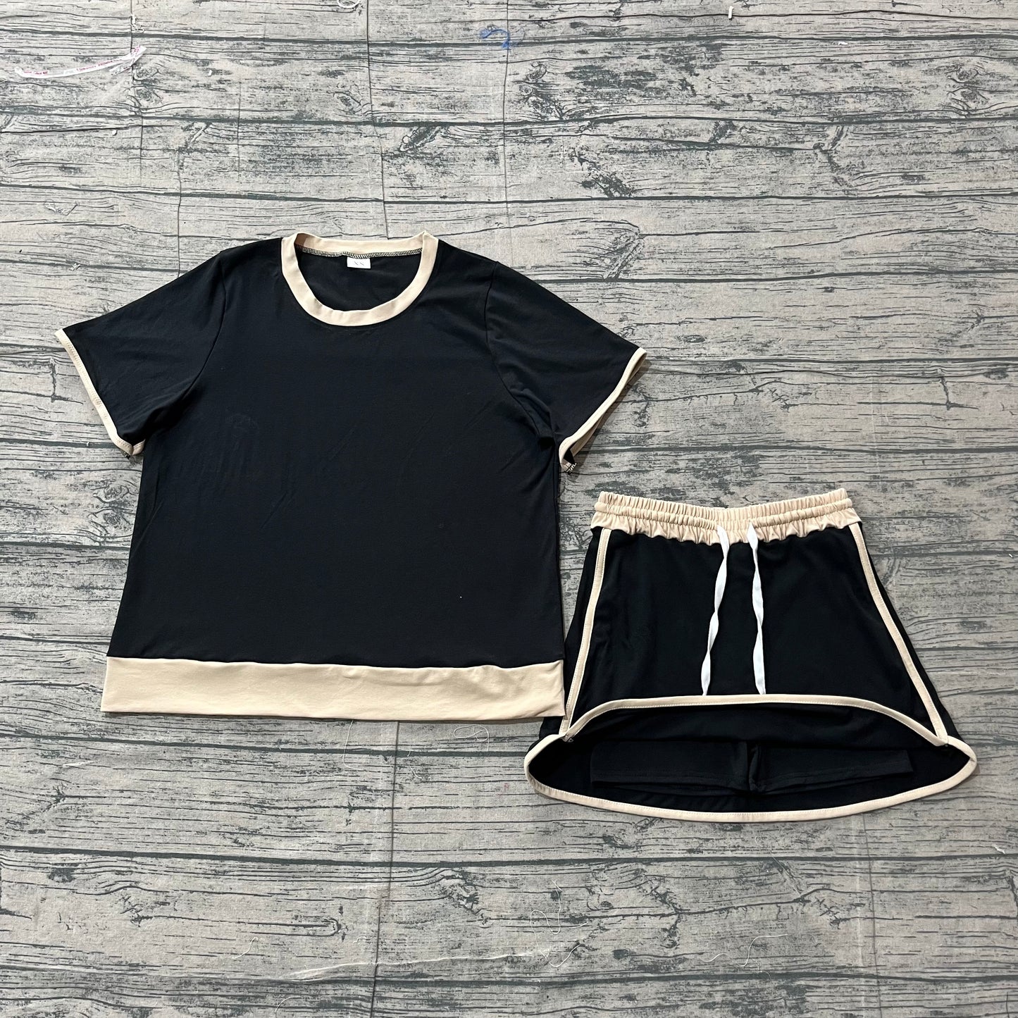 Adult Women Short Sleeves Black Skirt Shirt Shorts Summer Clothes Cotton Set RTS