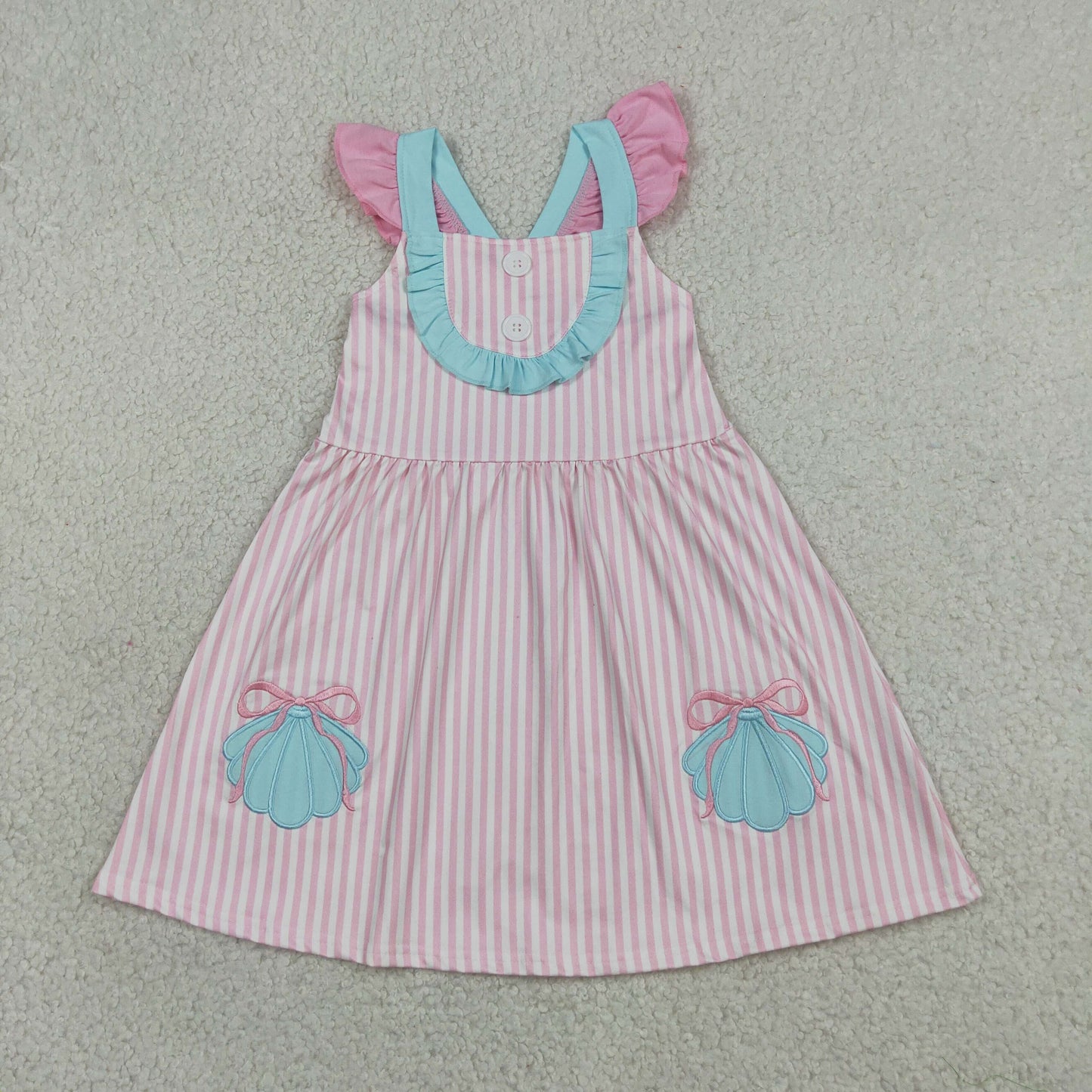 Sibling Baby Girls Kids Embroidery Shell Bows Stripes Romper Dress Clothes RTS