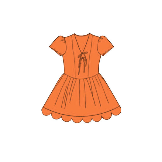 ( Moq 5 ) Preorder Baby Girls Kids Short Sleeves Bows Orange Scallop Knee Length Dress