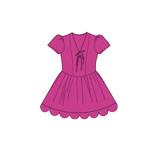 ( Moq 5 ) Preorder Baby Girls Kids Short Sleeves Bows Hot Pink Scallop Knee Length Dress