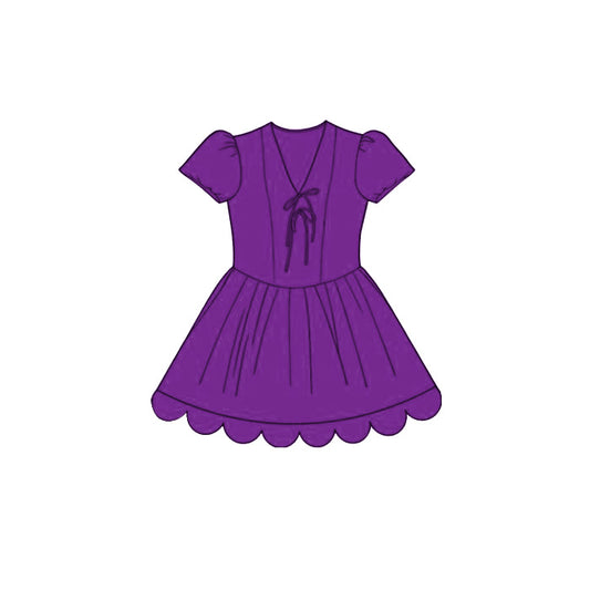 ( Moq 5 ) Preorder Baby Girls Kids Short Sleeves Bows Purple Scallop Knee Length Dress