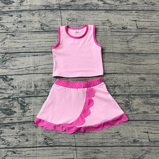 ( No moq ) Preorder Baby Girls Kids Shirt Scallop Skirt Shorts Yoga Active Pink Set Clothes