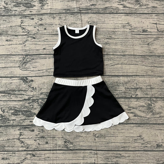 ( No moq ) Preorder Baby Girls Kids Black Tops Scallop Skirt Shorts Yoga Active Set Clothes