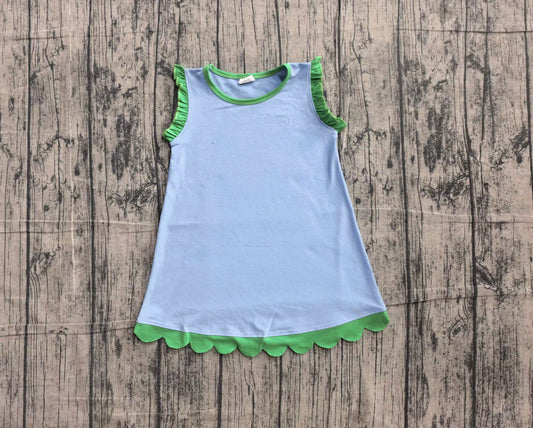 ( No moq ) Preorder Baby Girls Kids Sleeveless Green Scallop Knee Length Dress Blue Clothes