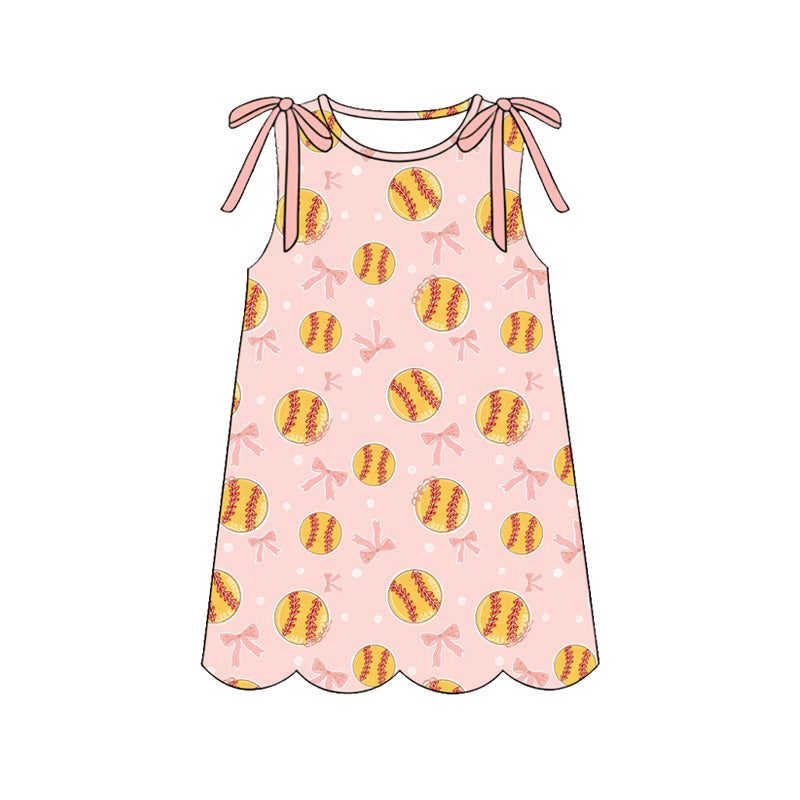 ( Moq 5 ) Preorder Baby Girls Sleeveless Softball Bows Knee Length Dress Scallop Clothes