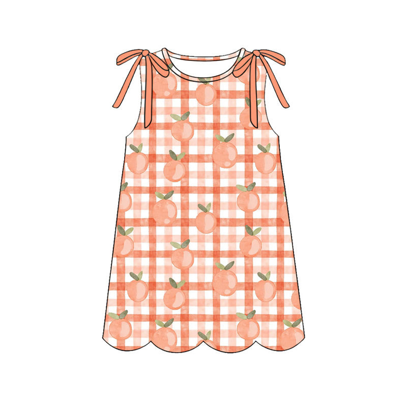 ( Moq 5 ) Preorder Baby Girls Sleeveless Peach Plaid Knee Length Dress Scallop Clothes