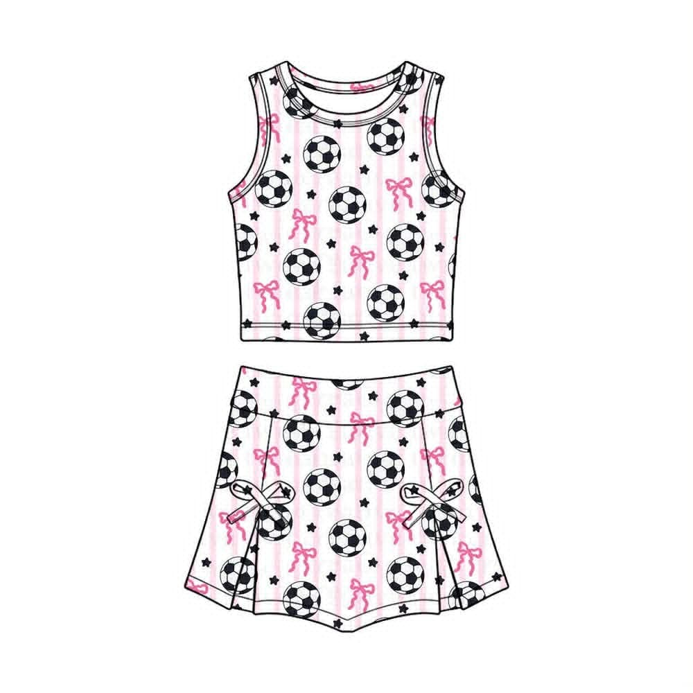 ( Moq 5 ) Preorder Baby Girls Kids Soccer Pink Bows Stripes Shirt Scallop Skirt Shorts Yoga Active Set Clothes