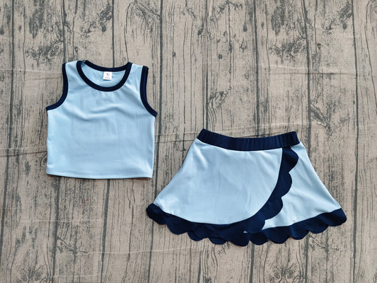 ( No moq ) Preorder Baby Girls Kids Blue Shirt Scallop Skirt Shorts Yoga Active Set Clothes
