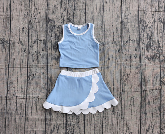 ( No moq ) Preorder Baby Girls Kids Blue Shirt Scallop Green Skirt Shorts Yoga Active Set Clothes