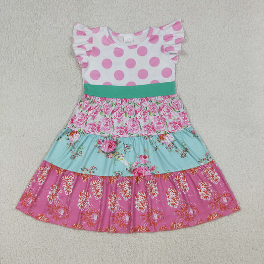 Baby Girls Kids Short Sleeves Flower Knee Length Dress Pink Clothes RTS