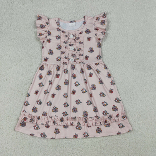Baby Girls Kids Short Sleeves Flower Knee Length Buttons Dress Summer Clothes RTS