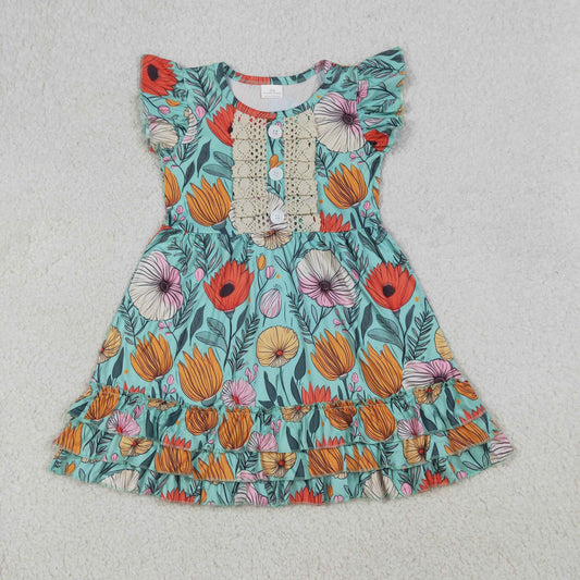Baby Girls Kids Short Sleeves Flower Knee Length Ruffle Green Dress Summer Clothes RTS