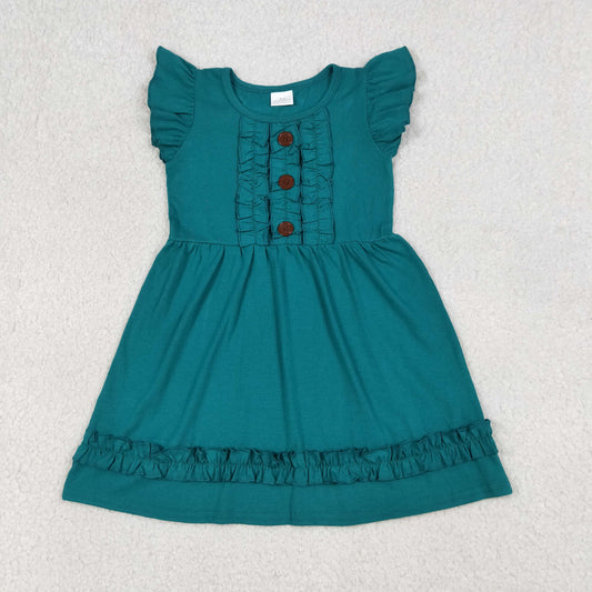 RTS Baby Girls Kids Short Sleeves Green Ruffle Buttons Knee Length Dress Cotton Clothes RTS