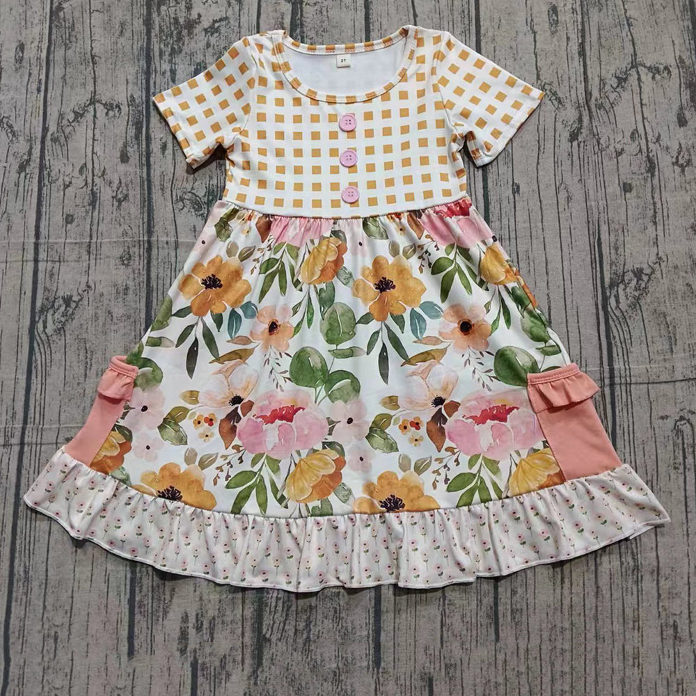 ( Moq 5 ) Preorder Baby Girls Short Sleeves Flower Buttons Pockets Ruffle Knee Length Dress