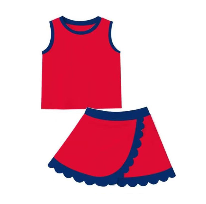 ( Moq 5 ) Preorder Baby Girls Kids Sleeveless Navy Shirt Scallop Skirt Shorts Yoga Active Red Set Clothes